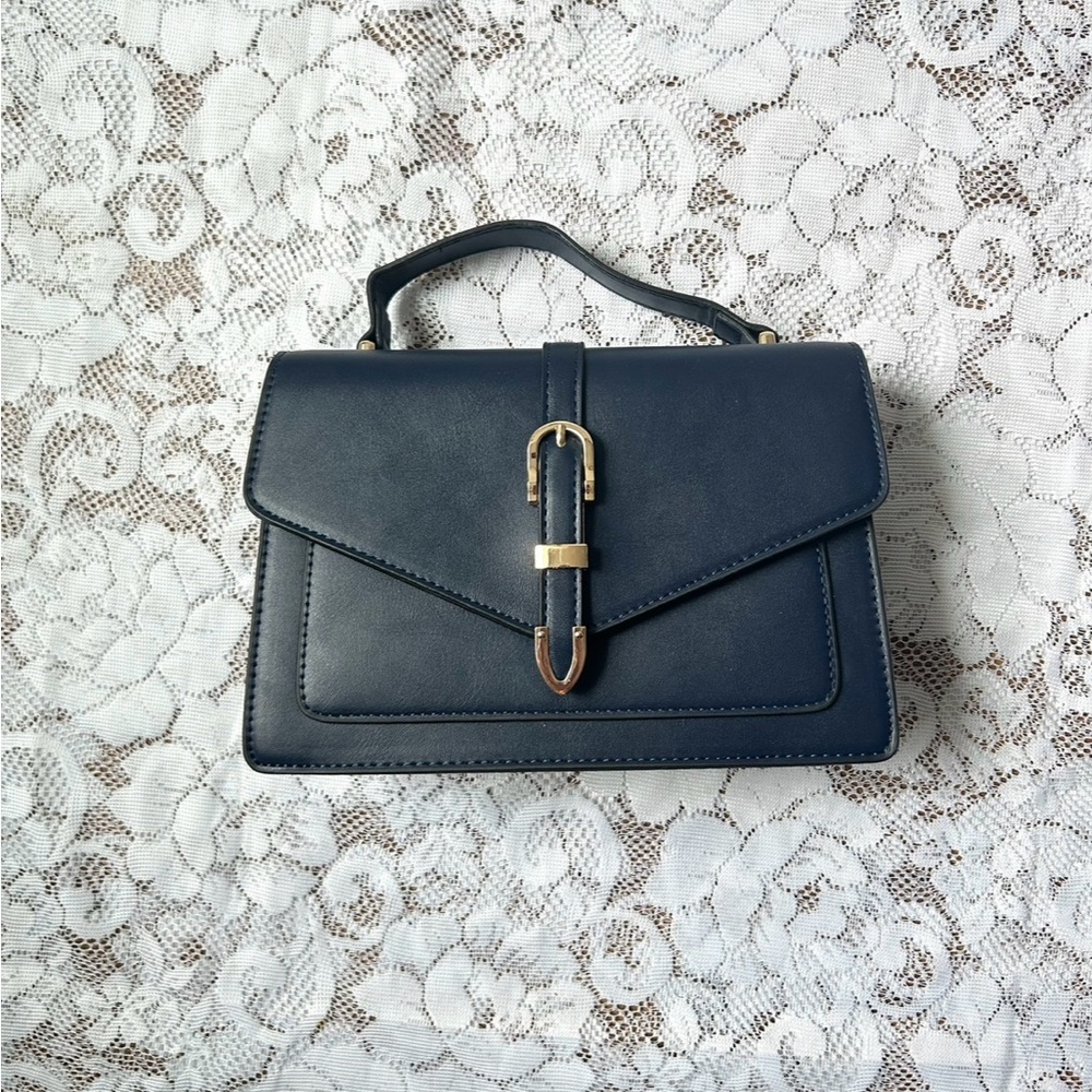 Elegant Luxurious Navy Blue and Gold Faux Leather Handbag